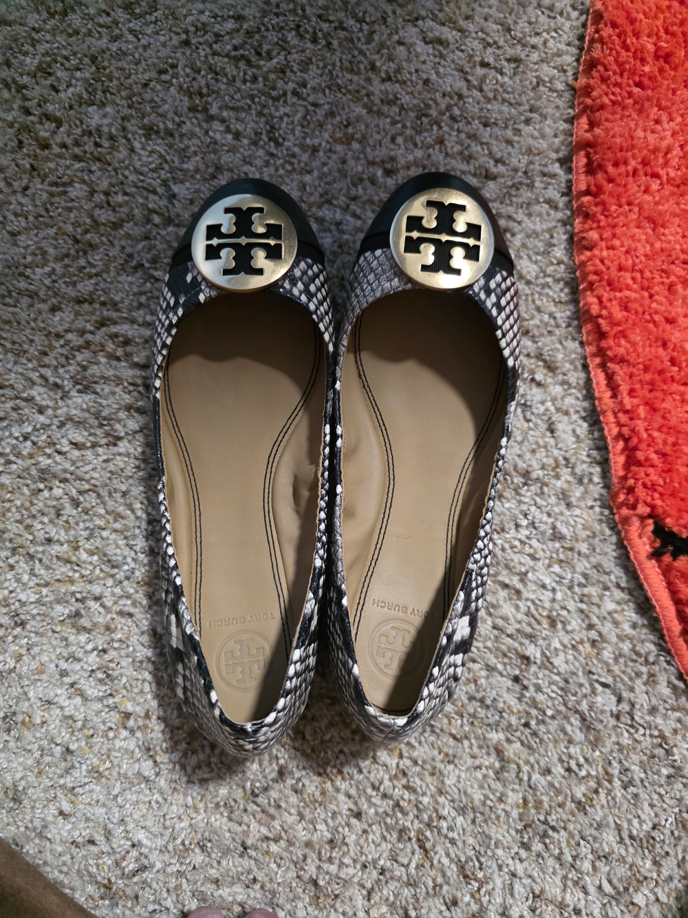 Tory Burch Black & White Snakeskin-Print Reva Ballet Flats